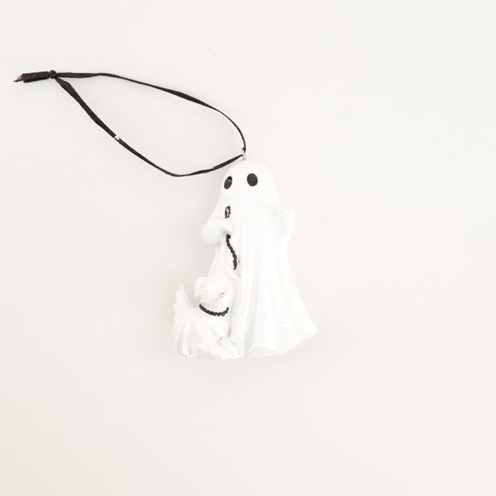 Cracker Barrel Halloween Ghost Walking Dog Ornament — White Polyresin NWT